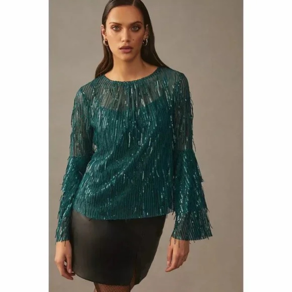 NWT Anthropologie Eva Franco Green Long Sleeve Sequin Fringe Top